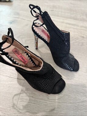 Betsey Johnson Black Open-Toe Lace-Up Heels with Multicolor Glitter Heel